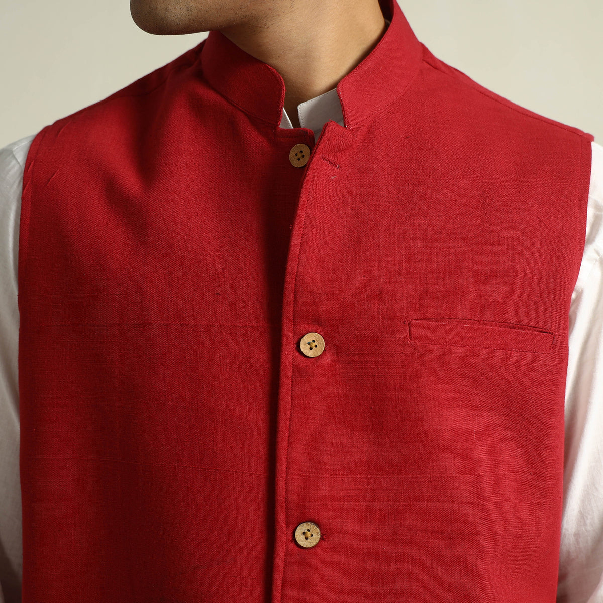 Red - Pure Cotton Handloom Men Nehru Jacket 04