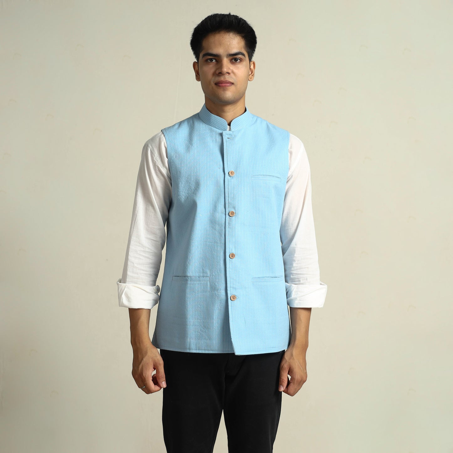 Sky Blue - Running Stitch Pure Cotton Men Nehru Jacket 17