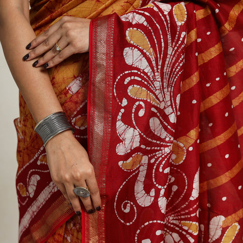 Orange - Silk Cotton Hand Batik Print Saree with Blouse 09