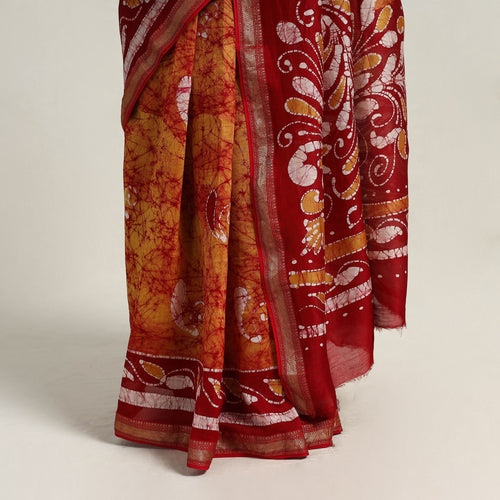 Orange - Silk Cotton Hand Batik Print Saree with Blouse 09