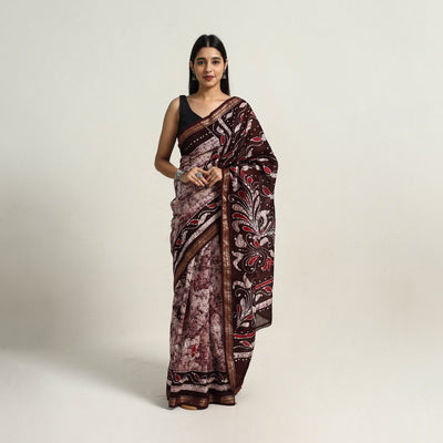 Purple - Silk Cotton Hand Batik Print Saree with Blouse 08