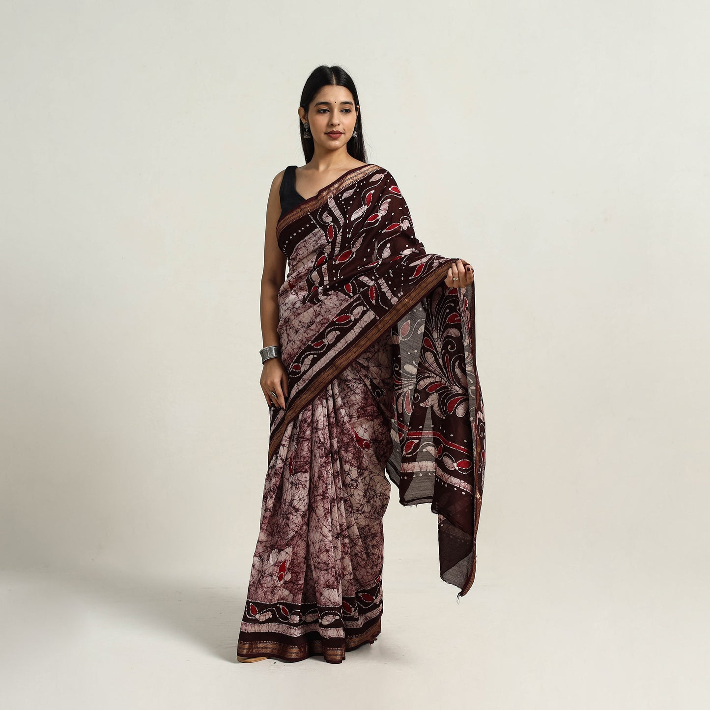 Purple - Silk Cotton Hand Batik Print Saree with Blouse 08