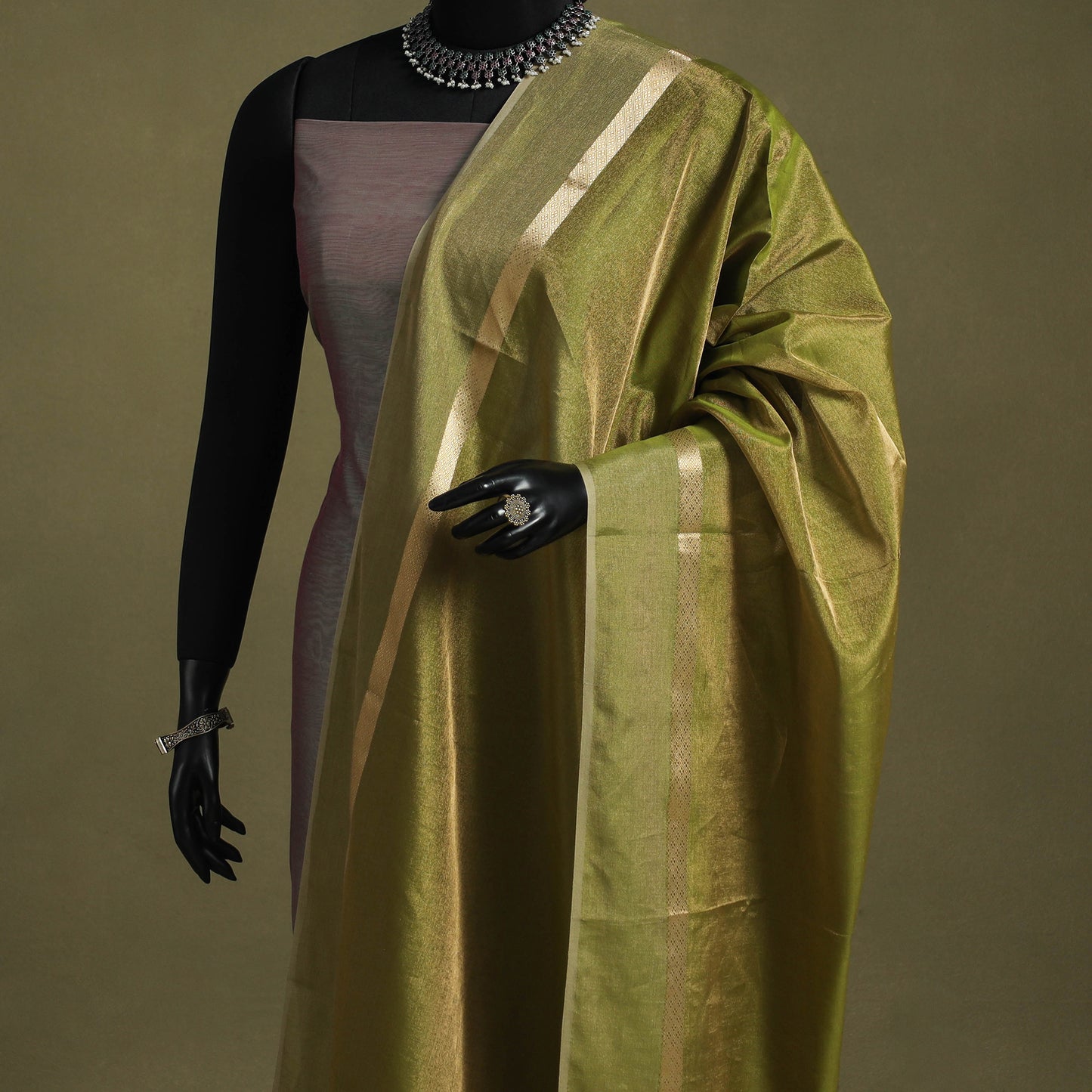 Green - handloom silk cotton heavy tissue gold zari