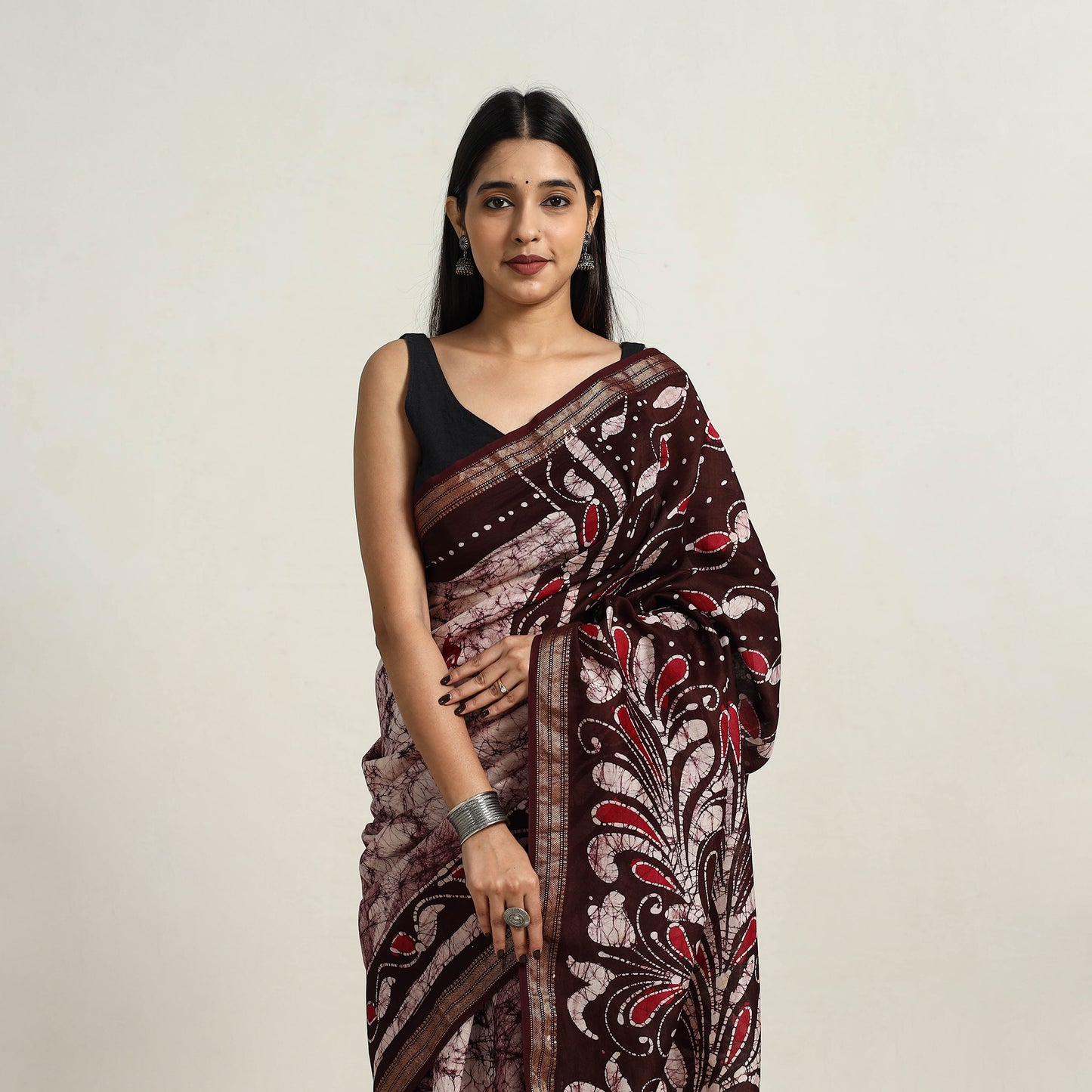 Purple - Silk Cotton Hand Batik Print Saree with Blouse 08