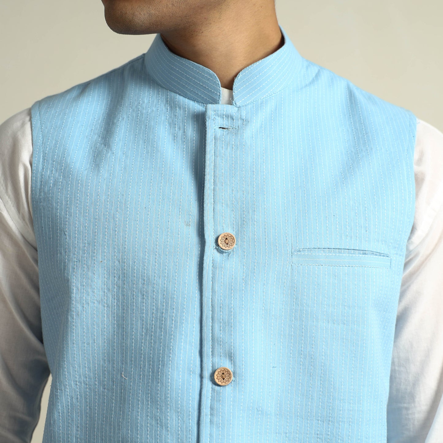 Sky Blue - Running Stitch Pure Cotton Men Nehru Jacket 17