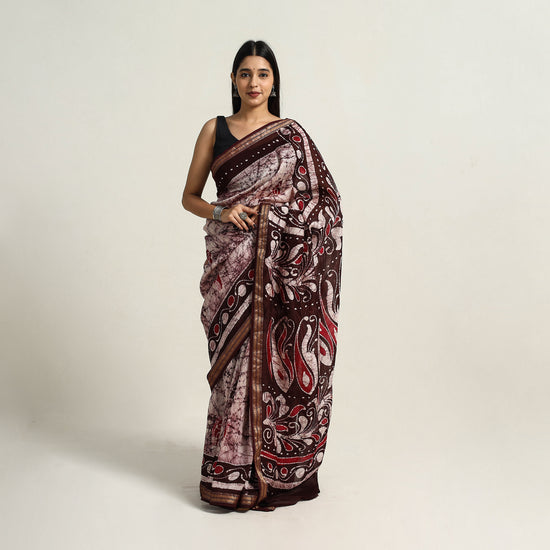 Purple - Silk Cotton Hand Batik Print Saree with Blouse 07