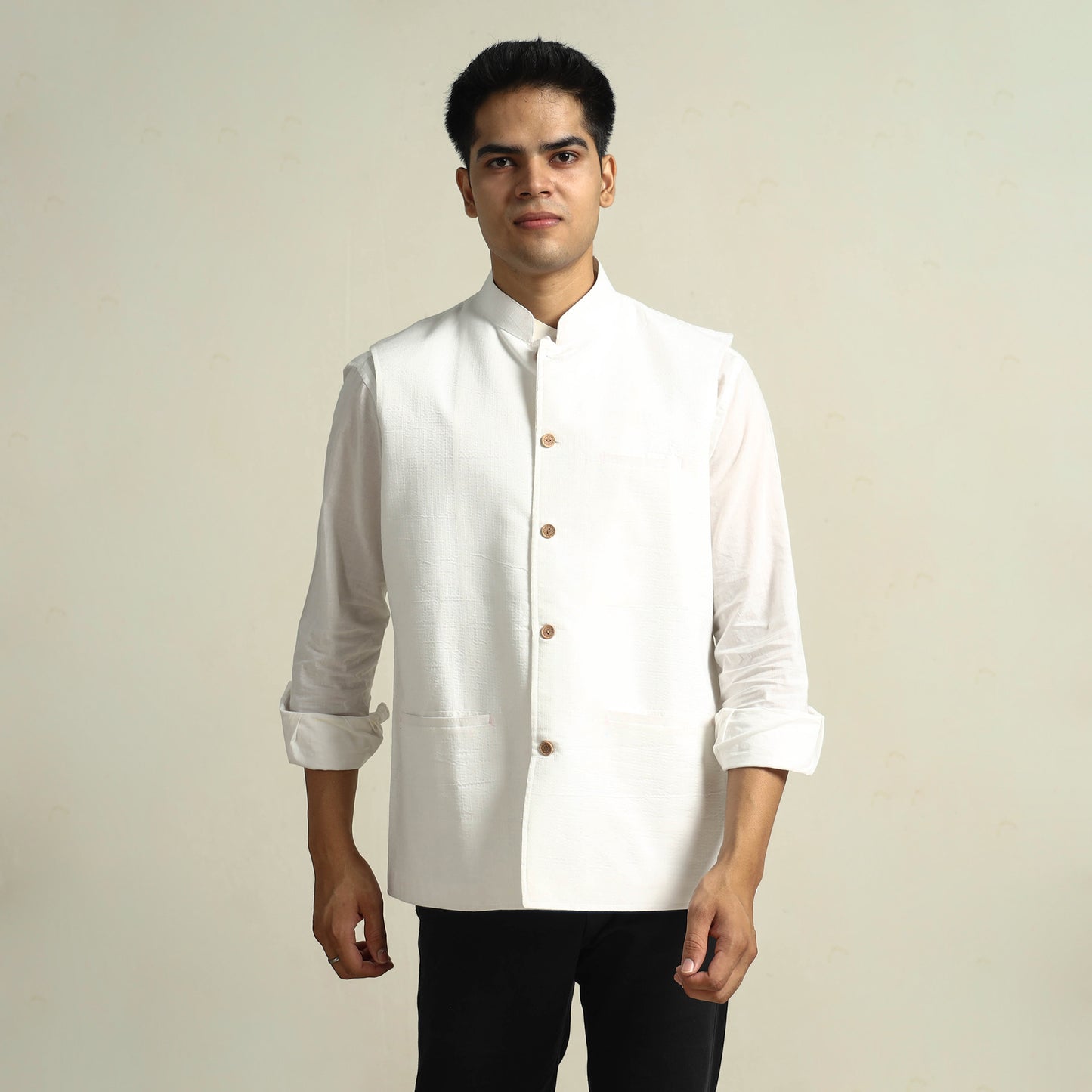 White - Running Stitch Pure Cotton Men Nehru Jacket 21