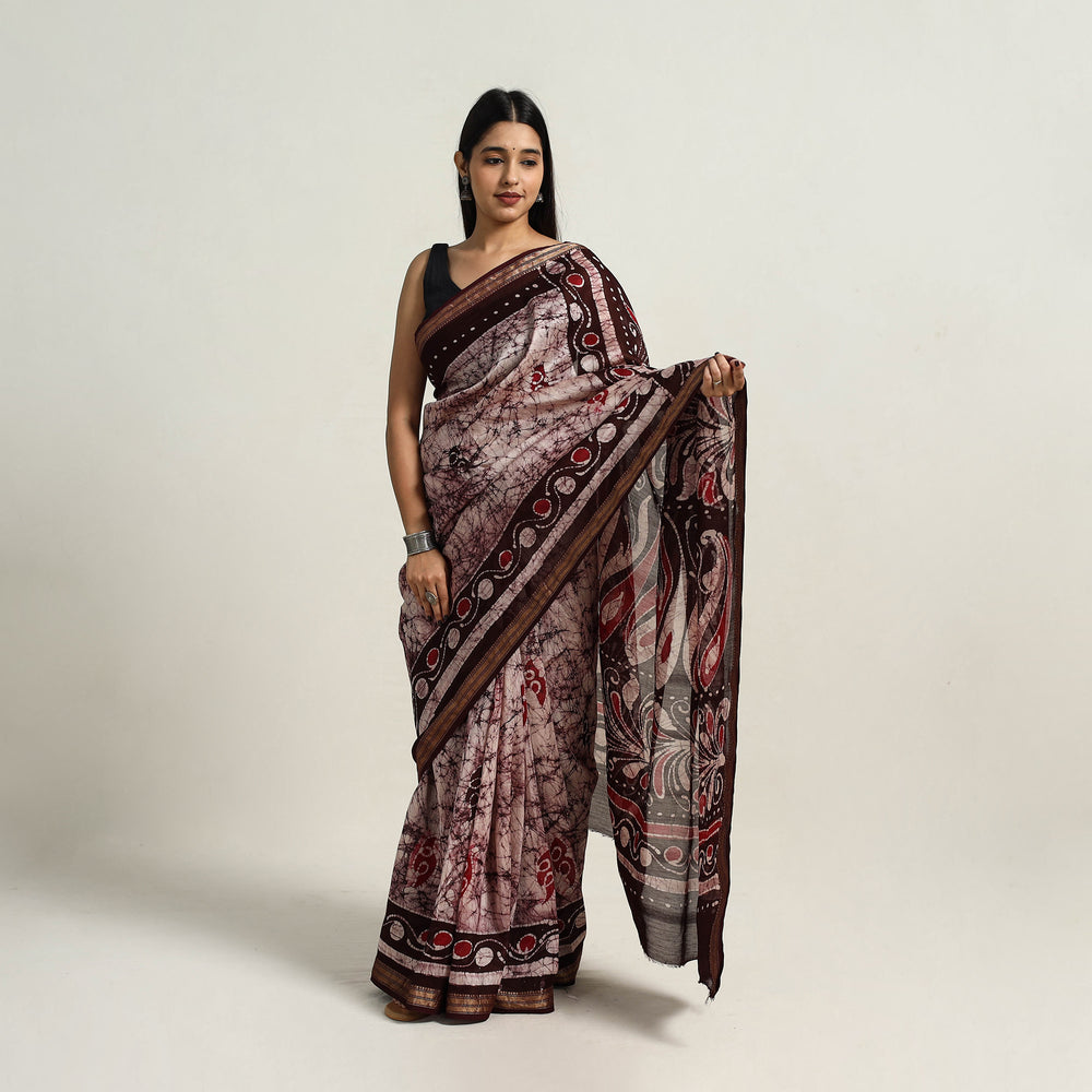 Purple - Silk Cotton Hand Batik Print Saree with Blouse 07