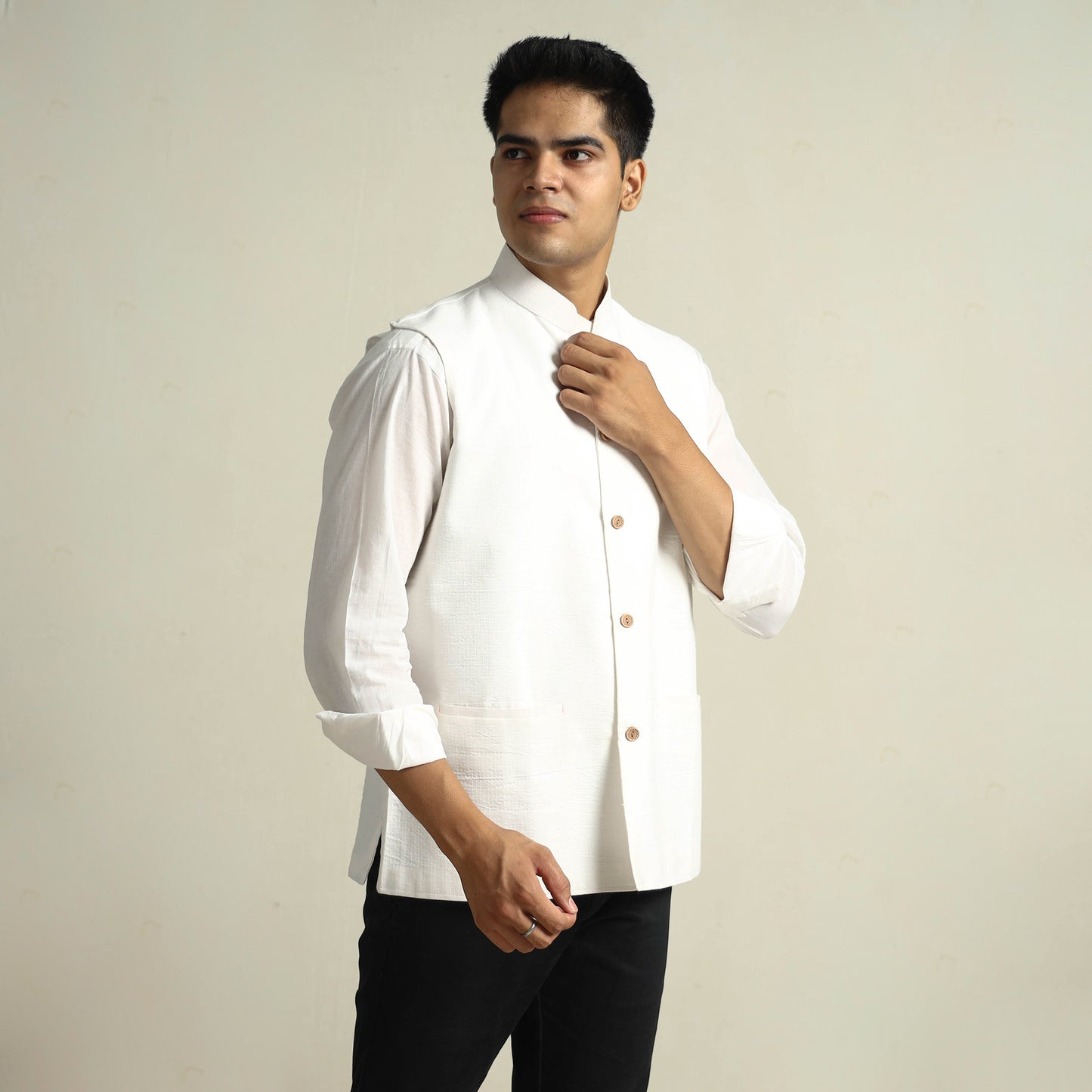 White - Running Stitch Pure Cotton Men Nehru Jacket 21