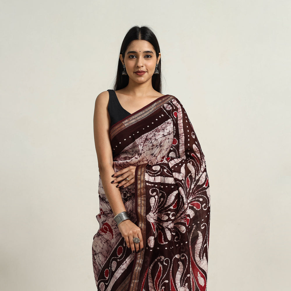 Purple - Silk Cotton Hand Batik Print Saree with Blouse 07