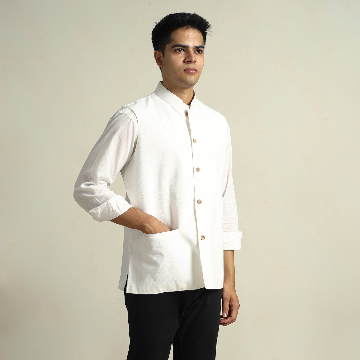 White - Running Stitch Pure Cotton Men Nehru Jacket 21