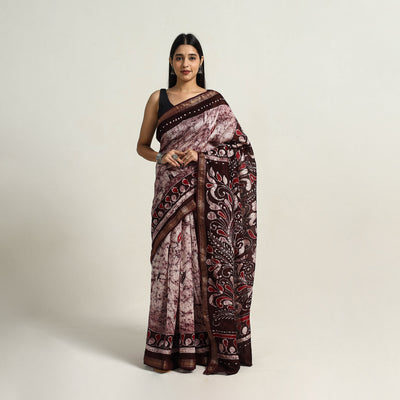 Purple - Silk Cotton Hand Batik Print Saree with Blouse 06