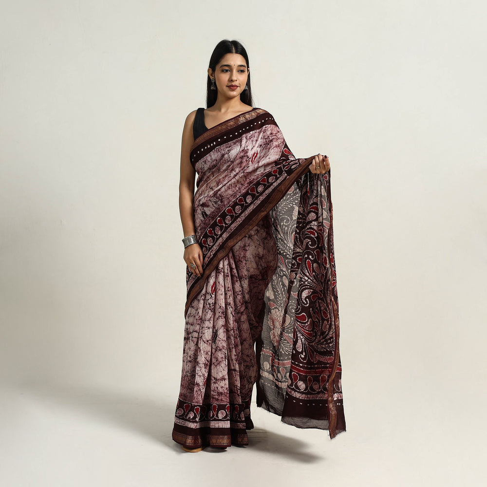 Purple - Silk Cotton Hand Batik Print Saree with Blouse 06