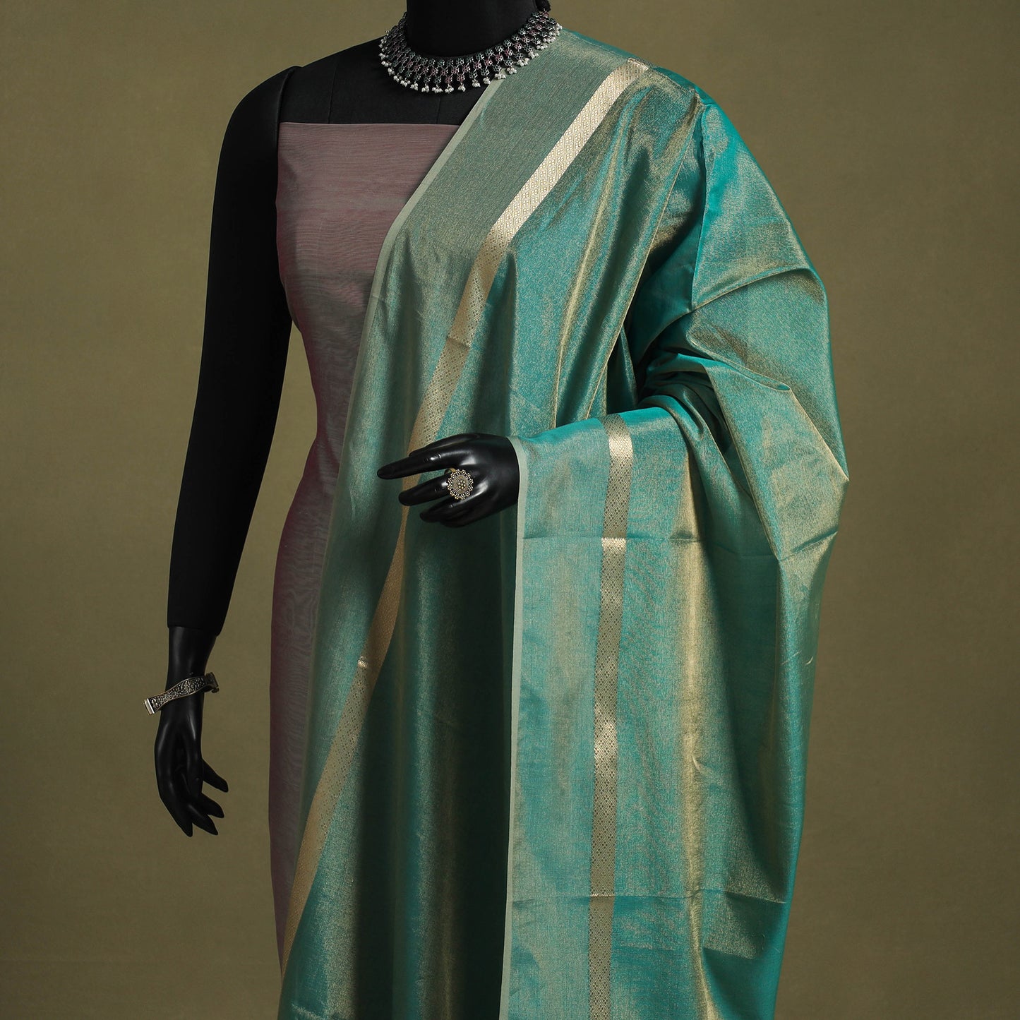 Green - handloom silk cotton heavy tissue gold zari