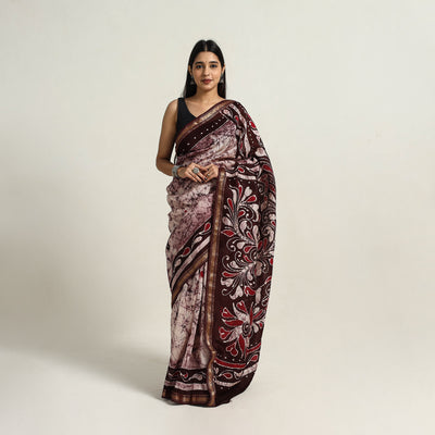 Purple - Silk Cotton Hand Batik Print Saree with Blouse 05