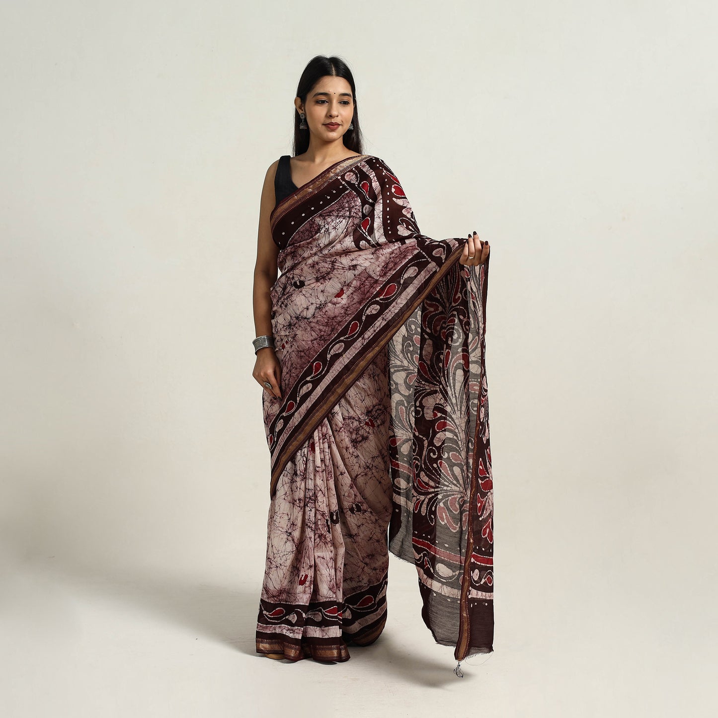 Purple - Silk Cotton Hand Batik Print Saree with Blouse 05