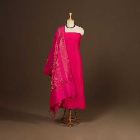 Pink - 2pc slub silk unstitched plain dress material