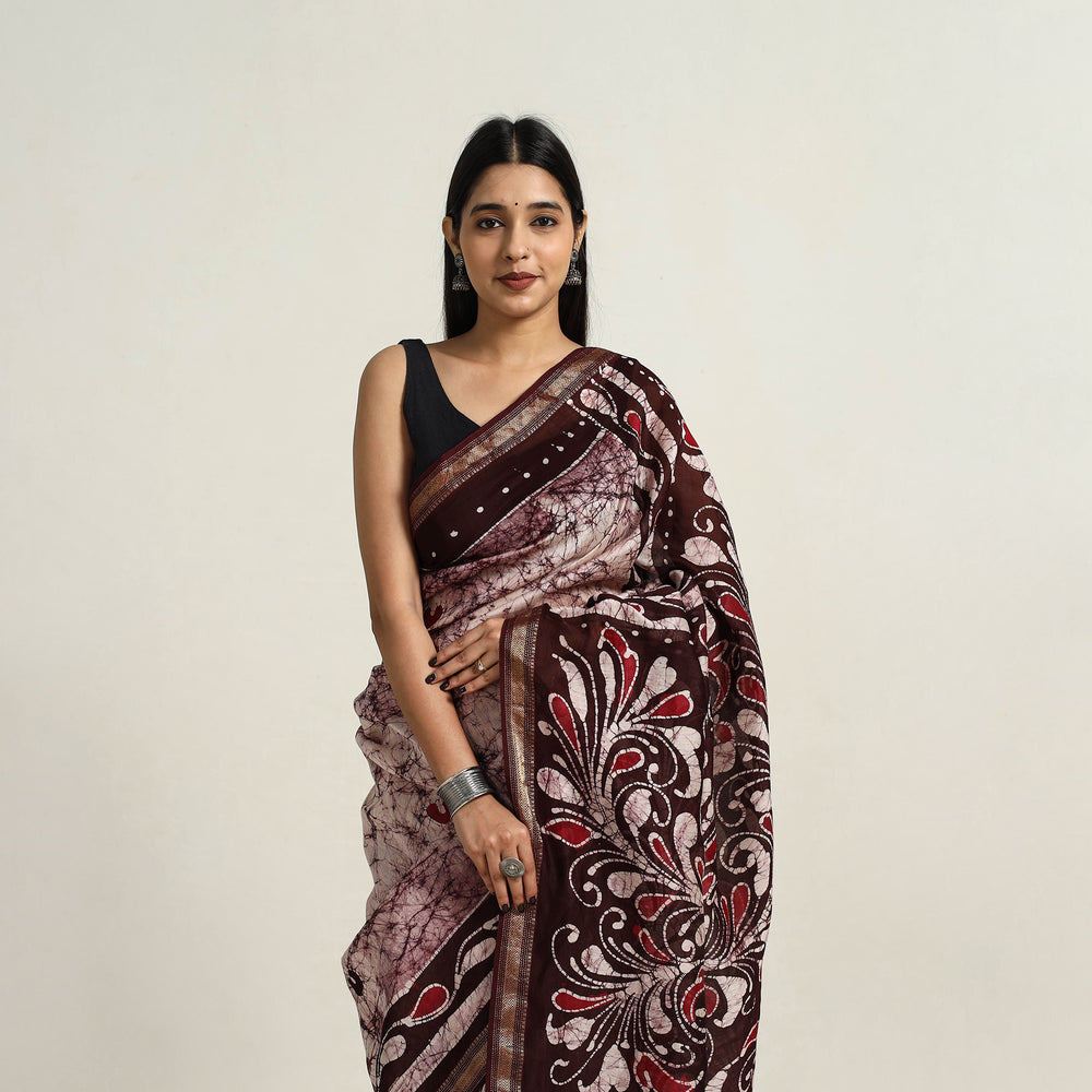 Purple - Silk Cotton Hand Batik Print Saree with Blouse 05