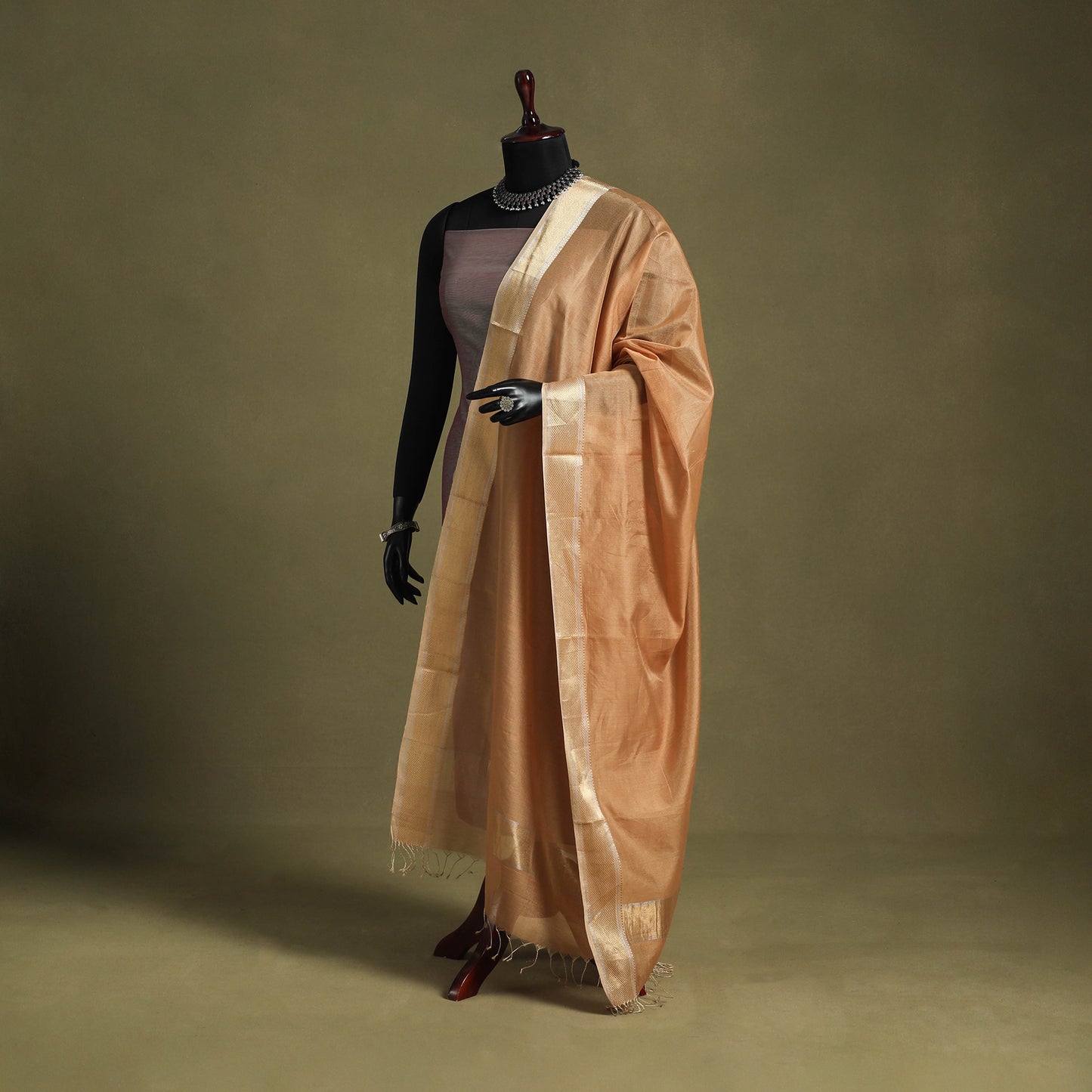 Beige - handloom silk cotton tissue zari maheshwari dupatta