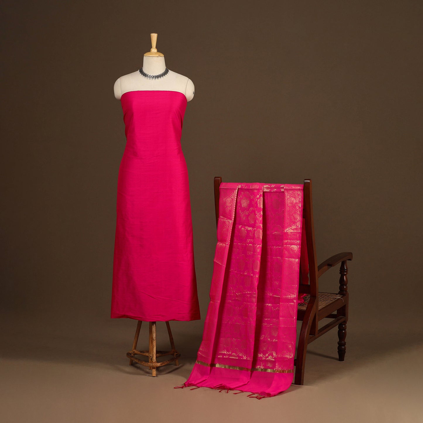 Pink - 2pc slub silk unstitched plain dress material