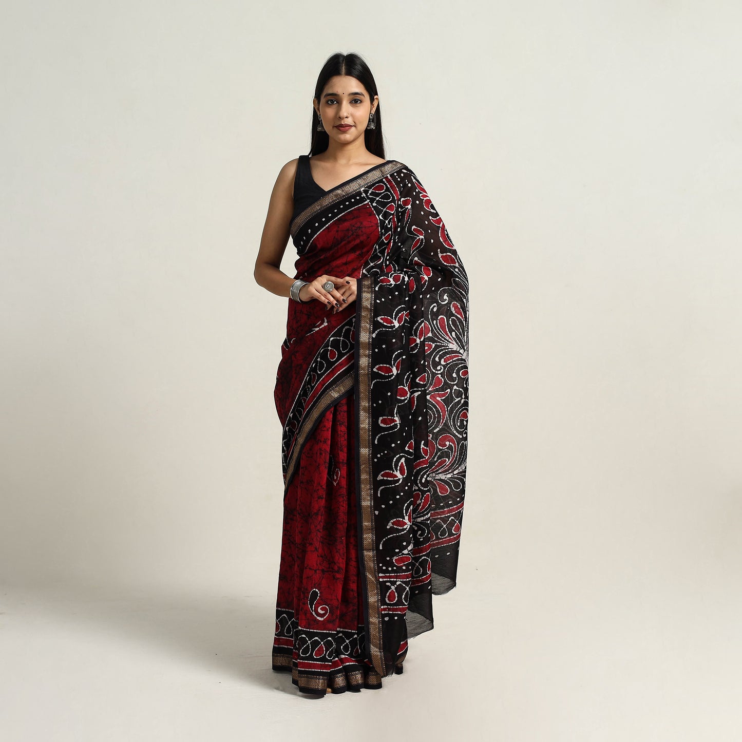 Red - Silk Cotton Hand Batik Print Saree with Blouse 04