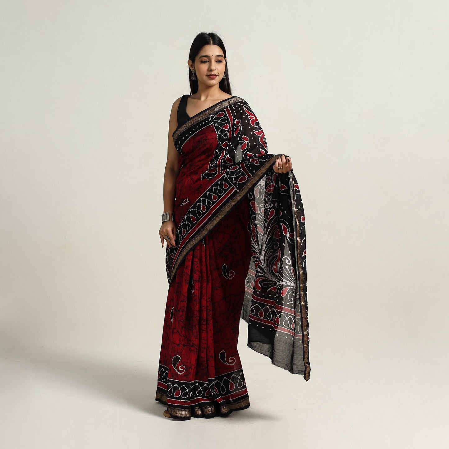 Red - Silk Cotton Hand Batik Print Saree with Blouse 04