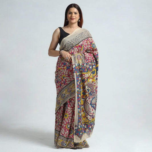 Pink - Kalamkari Printed Cotton Saree with Blouse Piece 07