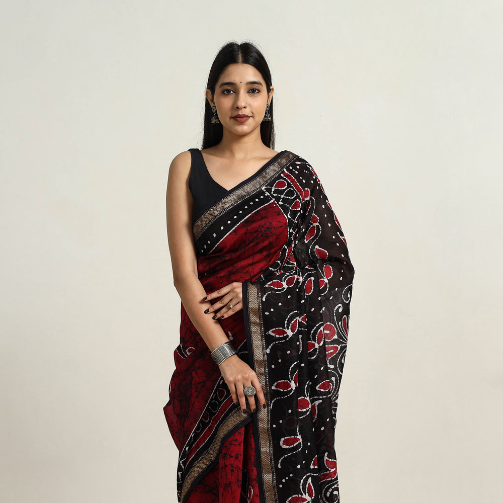 Red - Silk Cotton Hand Batik Print Saree with Blouse 04