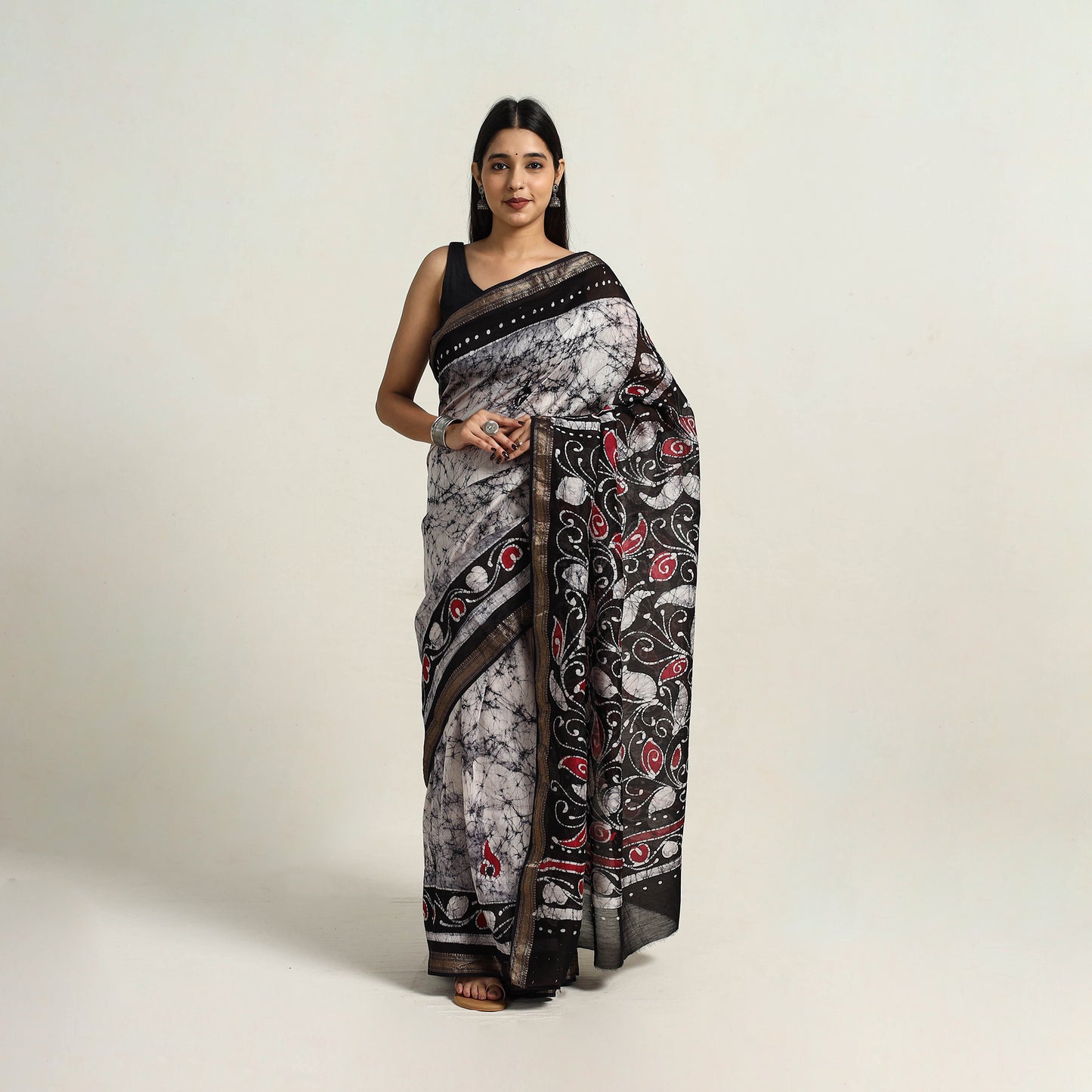 Black - Silk Cotton Hand Batik Print Saree with Blouse 03