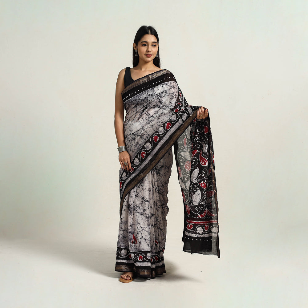 Black - Silk Cotton Hand Batik Print Saree with Blouse 03