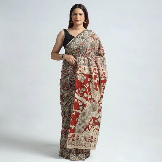 Beige - Kalamkari Printed Cotton Saree with Blouse Piece 08