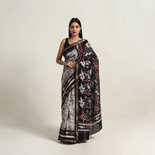 Black - Silk Cotton Hand Batik Print Saree with Blouse 02