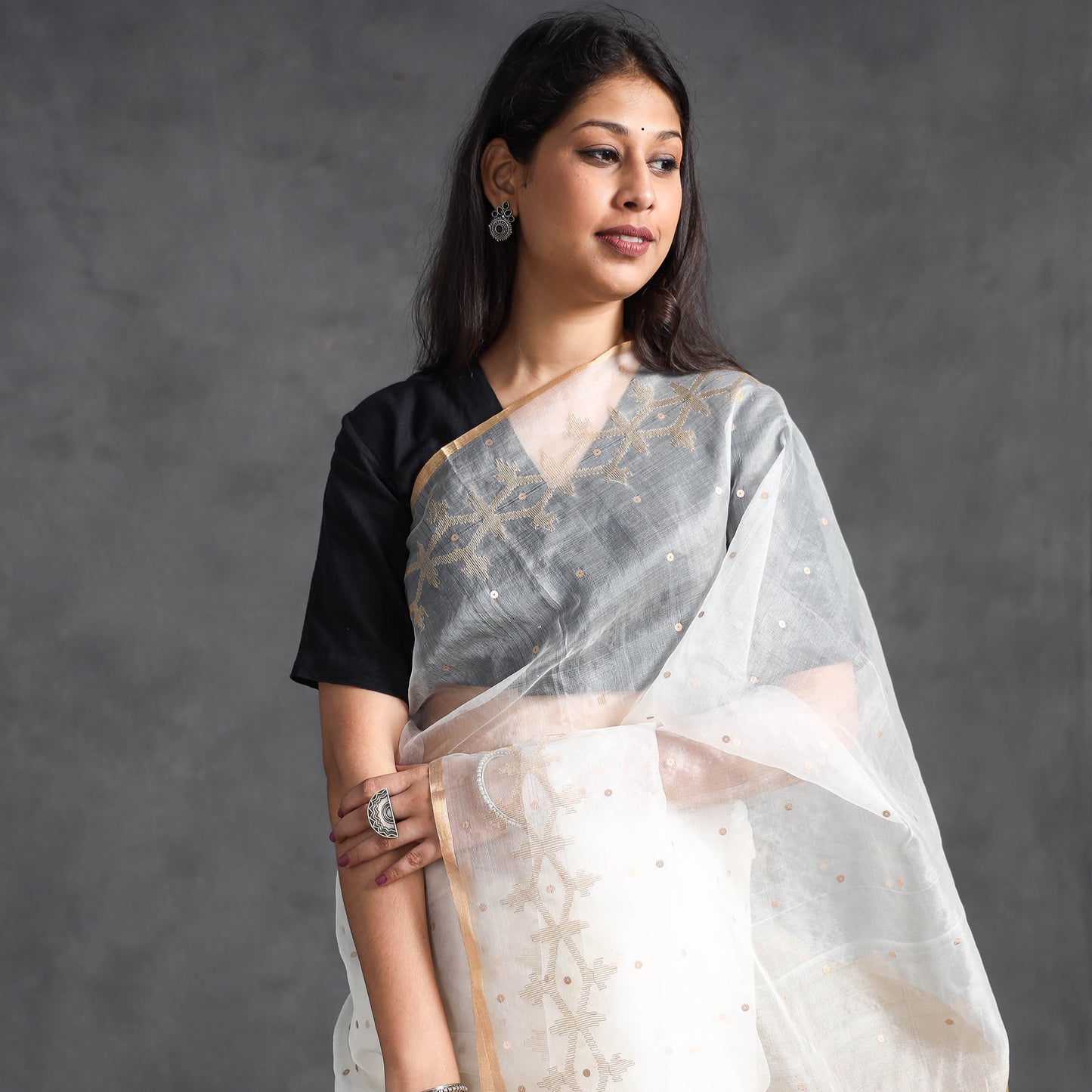 White - Burdwan Sequin Work Handloom Muslin Silk Saree