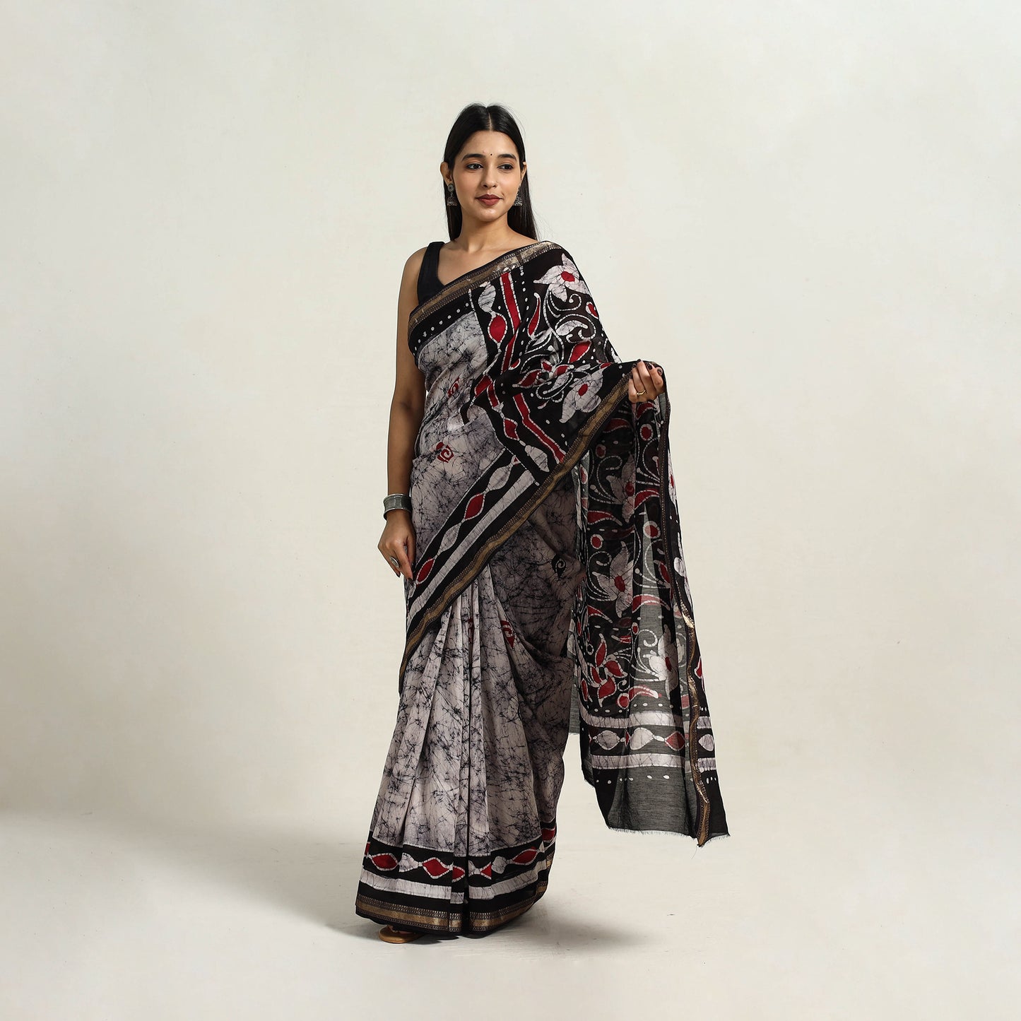 Black - Silk Cotton Hand Batik Print Saree with Blouse 02