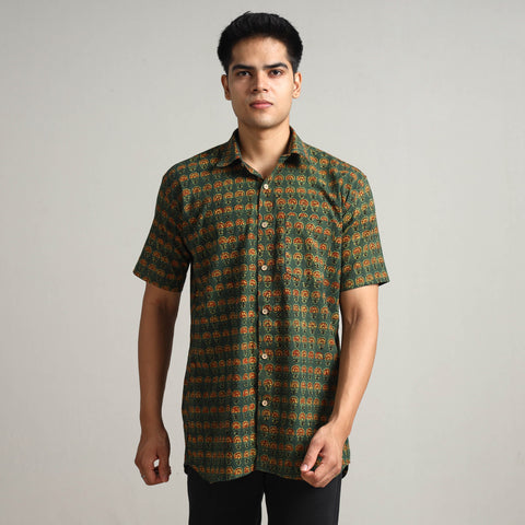 Green - Ajrakh Block Printed Cotton Men Half Sleeve Shirt 09