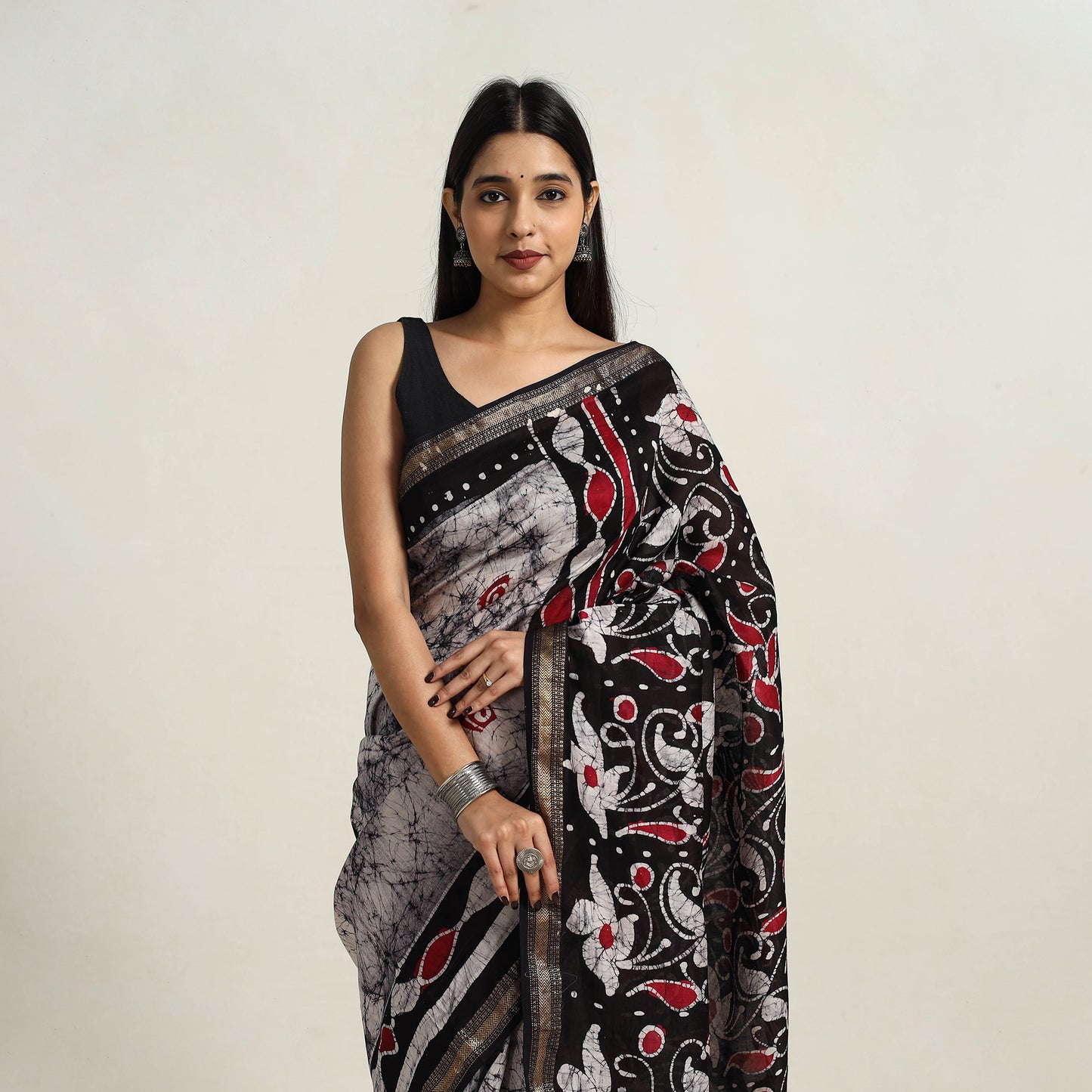 Black - Silk Cotton Hand Batik Print Saree with Blouse 02