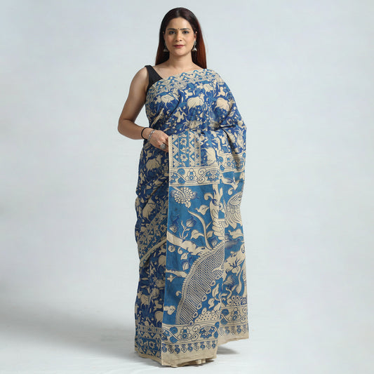 Blue - Kalamkari Printed Cotton Saree with Blouse Piece 10