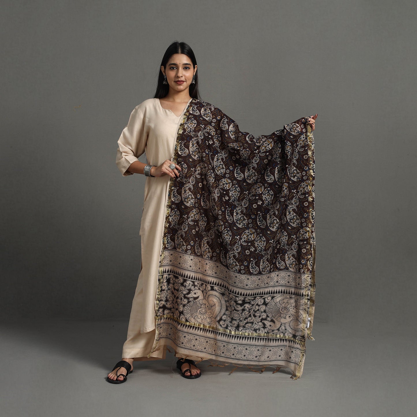 Brown - Chanderi Silk Print Kalamkari Dupatta 01