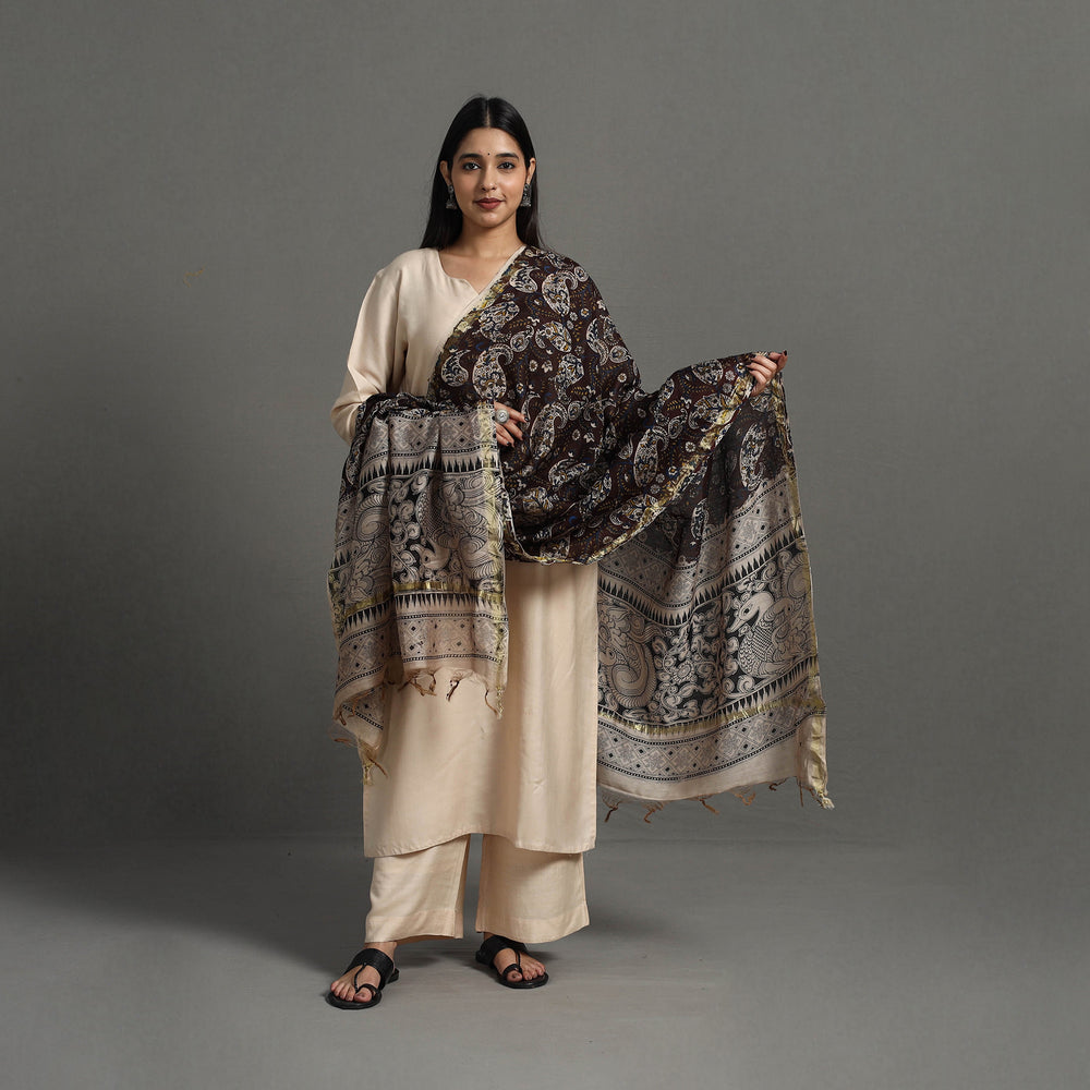 Brown - Chanderi Silk Print Kalamkari Dupatta 01