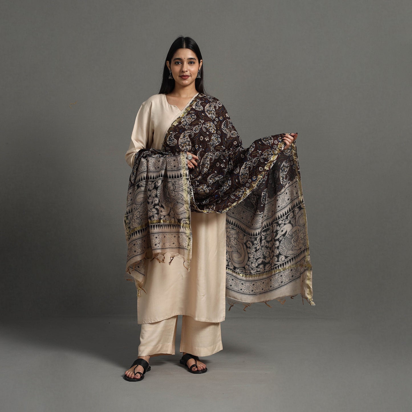 Brown - Chanderi Silk Print Kalamkari Dupatta 01