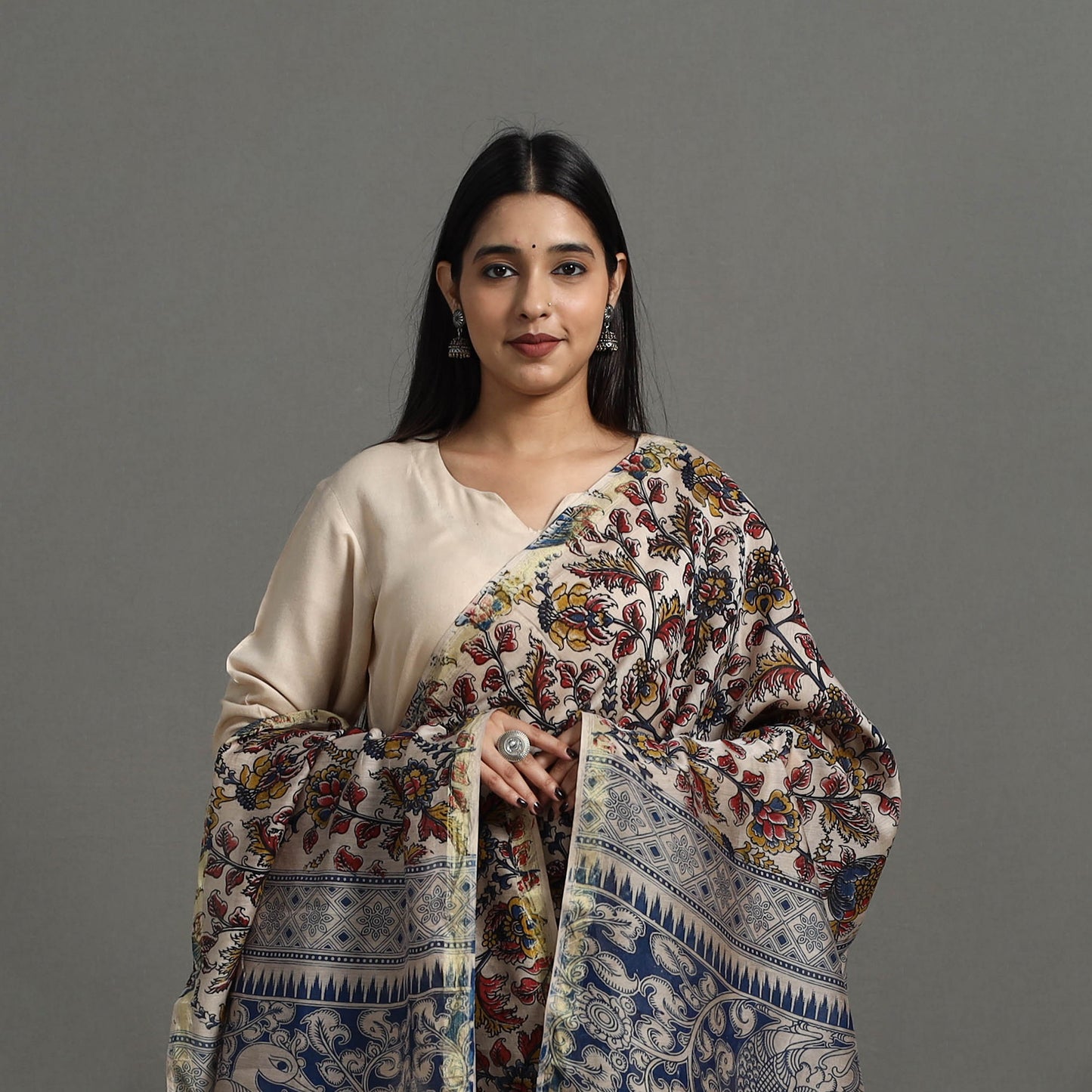 Multicolor - Chanderi Silk Print Kalamkari Dupatta 03