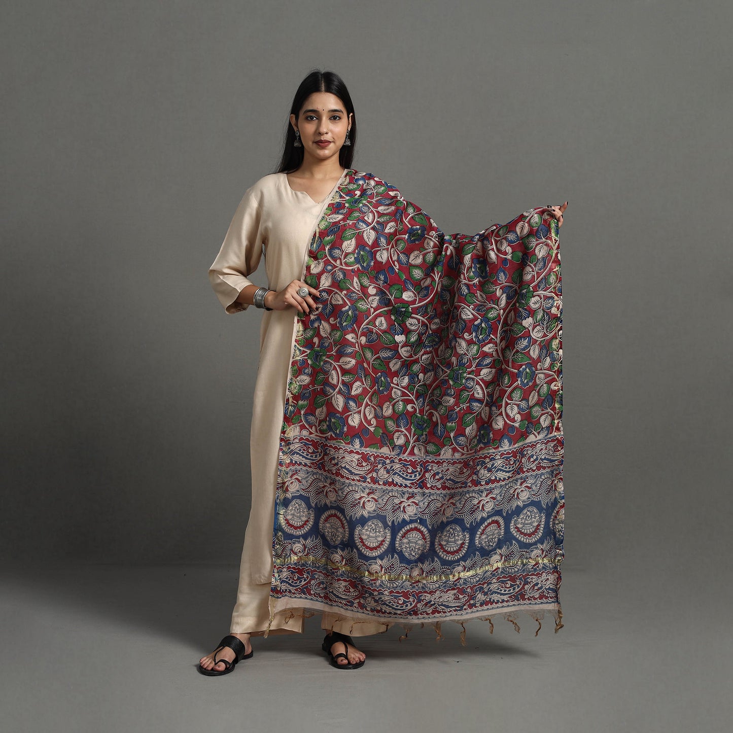 Multicolor - Chanderi Silk Print Kalamkari Dupatta 06