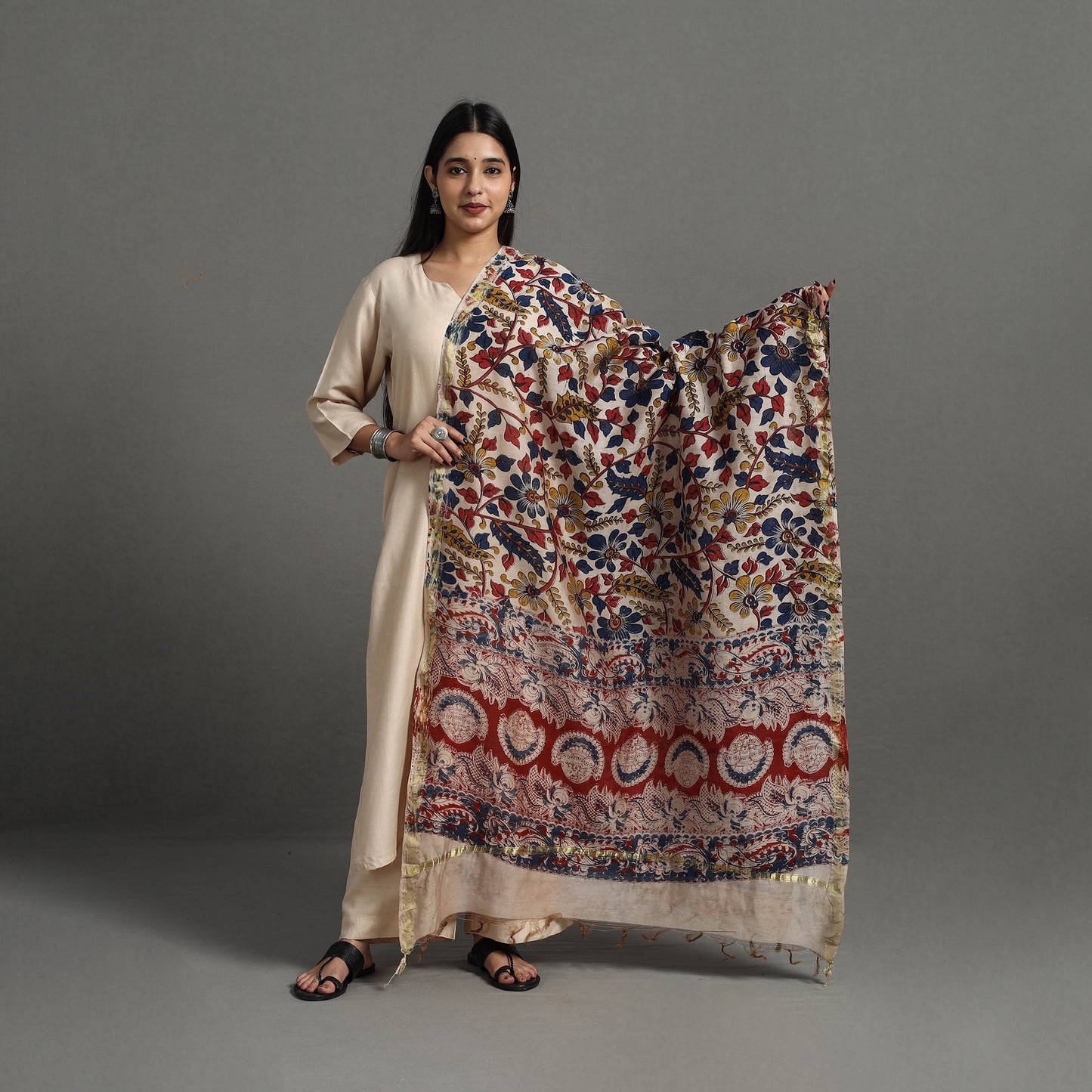 Multicolor - Chanderi Silk Print Kalamkari Dupatta 07