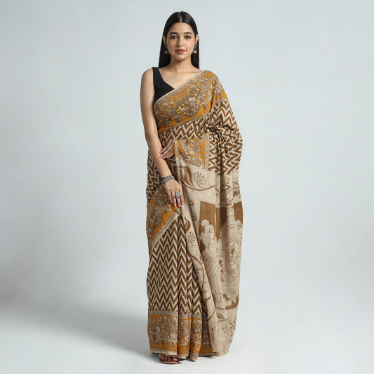 Brown - Kalamkari Printed Cotton Saree with Blouse Piece 02