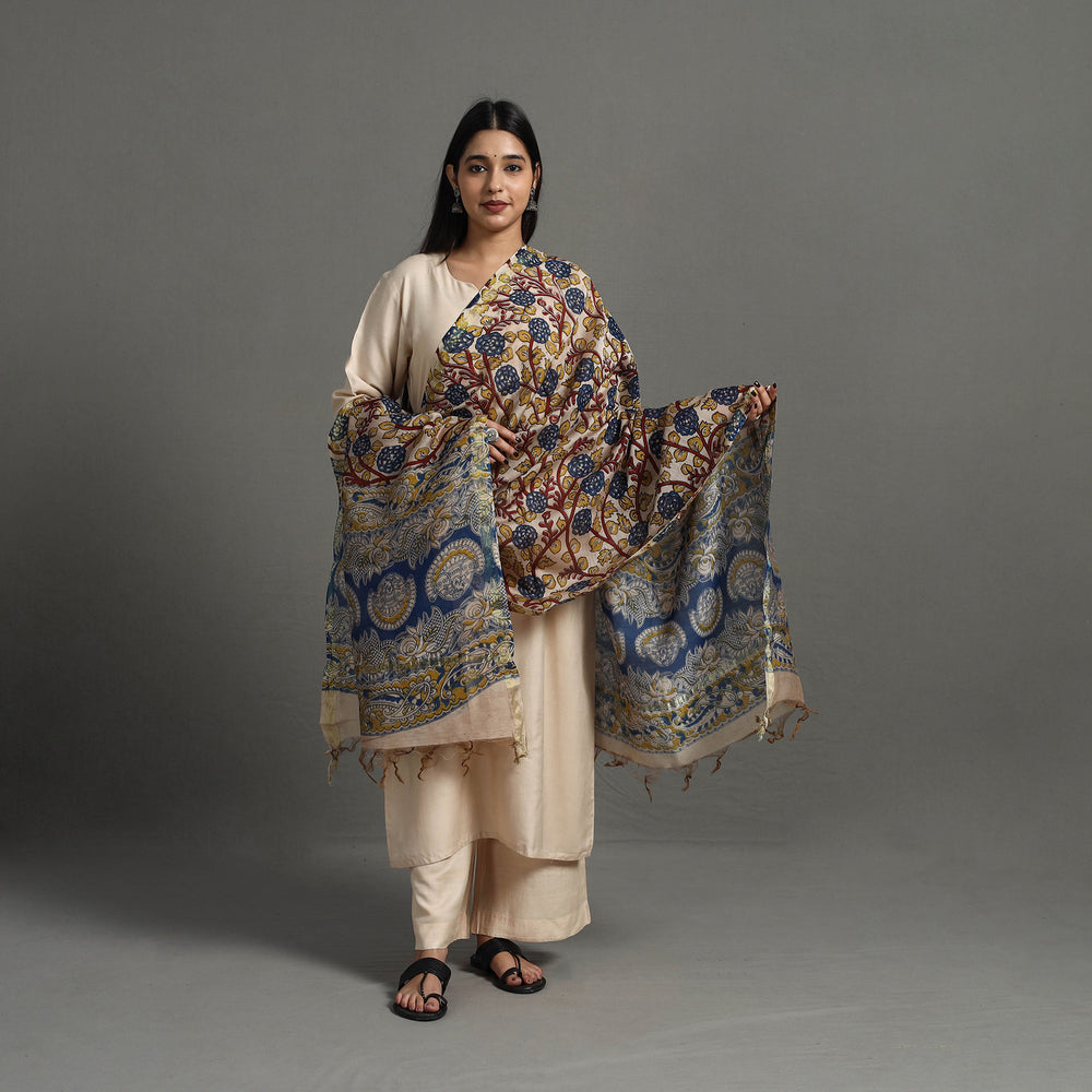 Beige - Chanderi Silk Print Kalamkari Dupatta 11