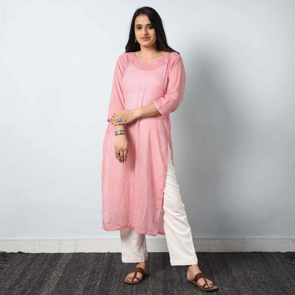 Pink - Mulmalai Cotton Plain Dyed Long Straight Kurta 33