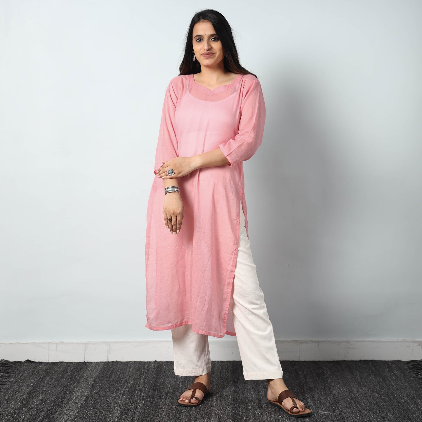 Pink - Mulmalai Cotton Plain Dyed Long Straight Kurta