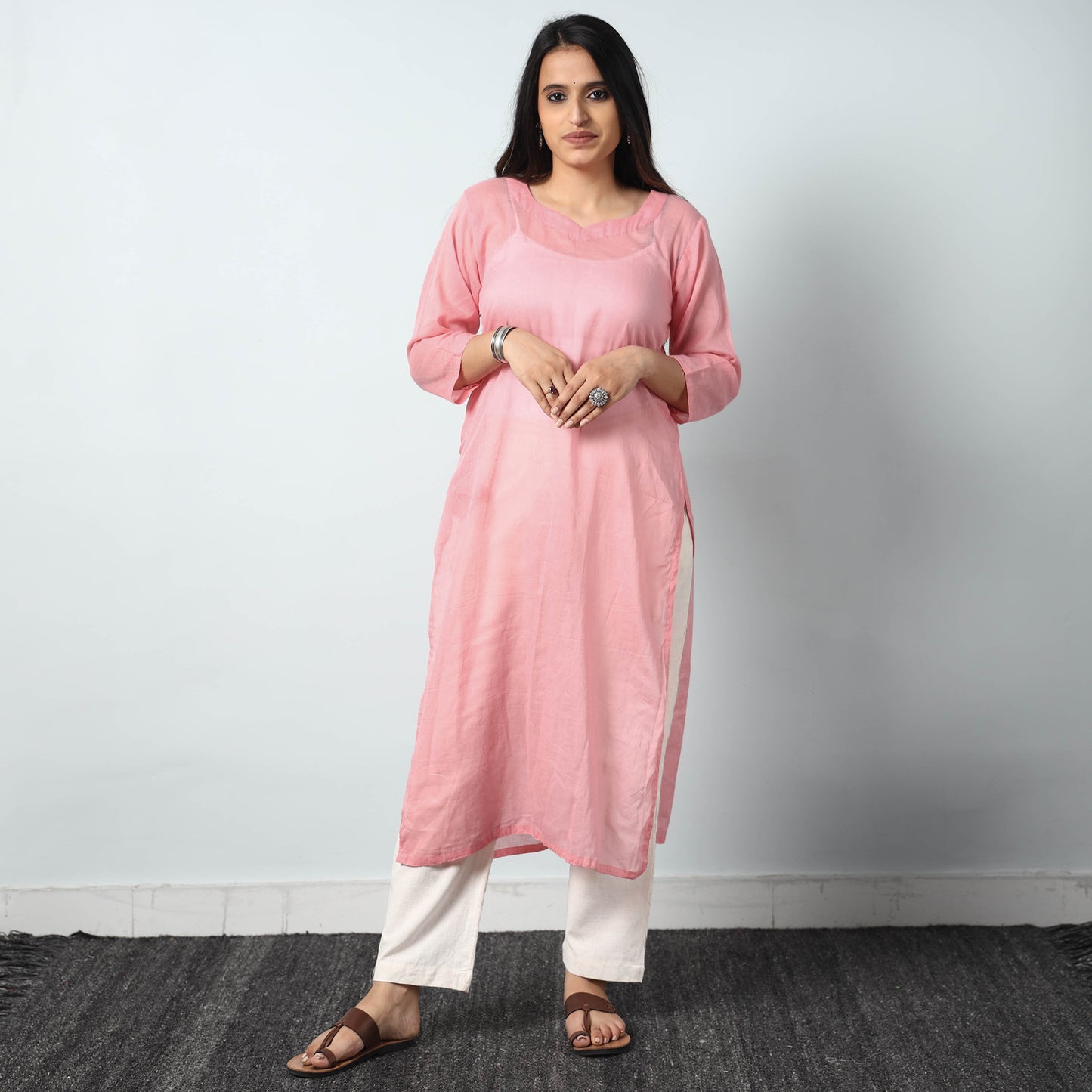 Pink - Mulmalai Cotton Plain Dyed Long Straight Kurta