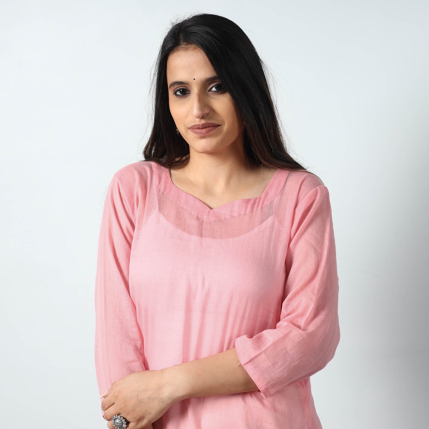 Pink - Mulmalai Cotton Plain Dyed Long Straight Kurta 33