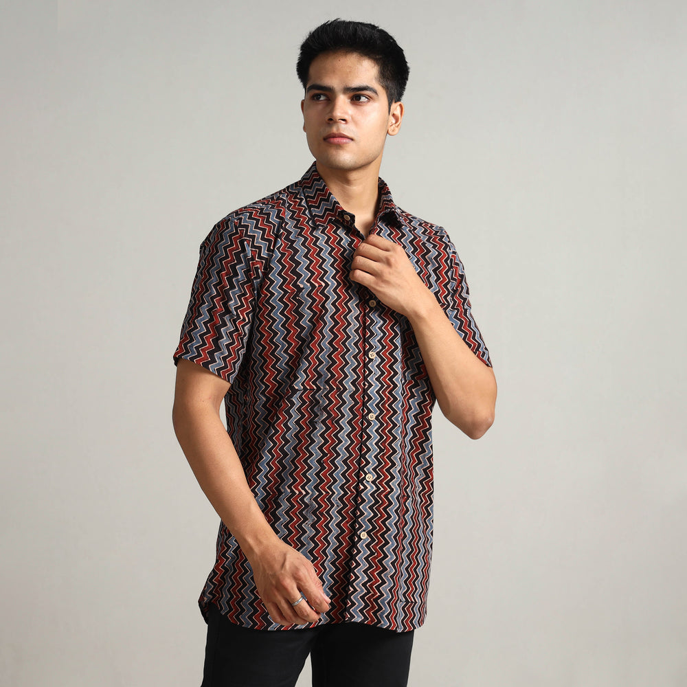 Multicolor - Ajrakh Block Printed Cotton Men Half Sleeve Shirt 06